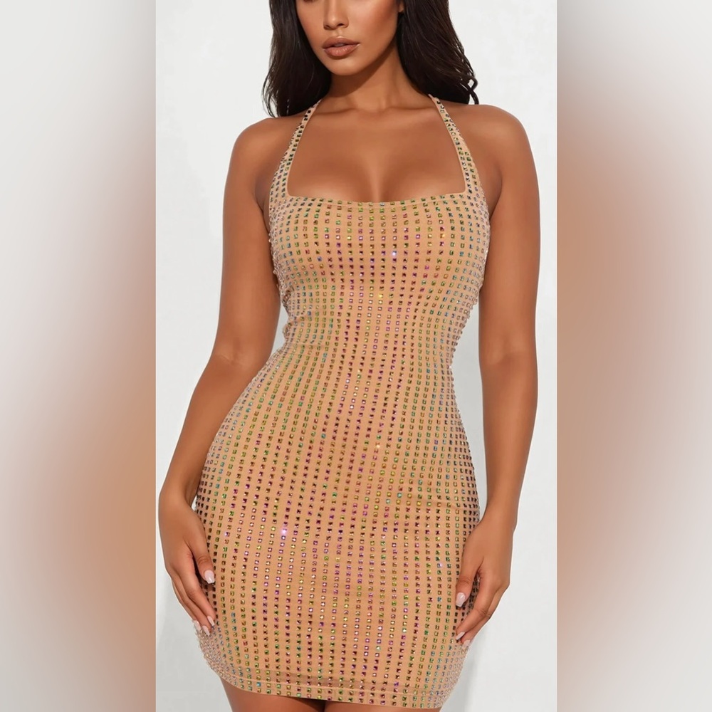Sexy Nude Rhinestone Halter Bodycon Mini Dress
